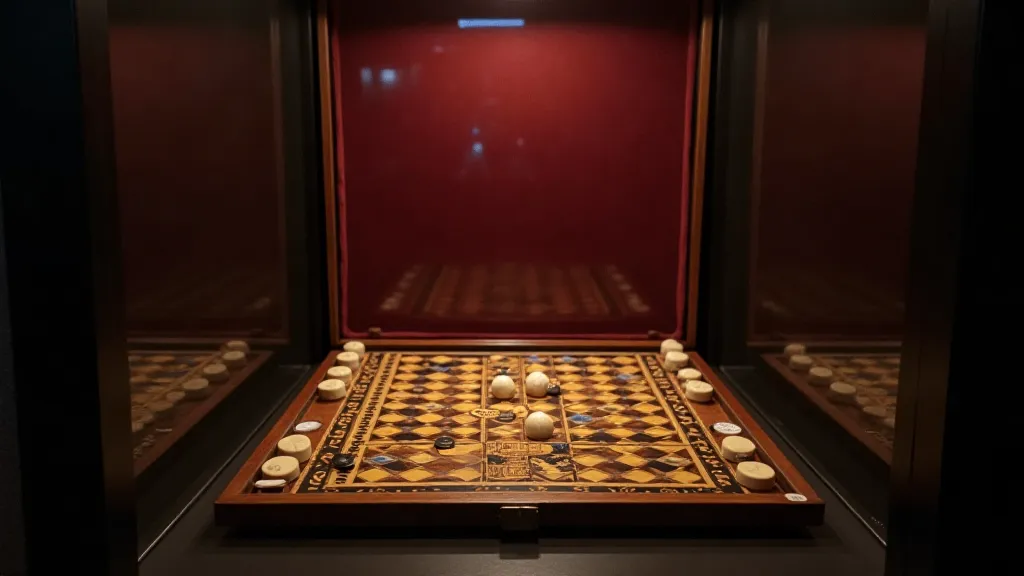 Antique Parcheesi set displayed in a showcase.