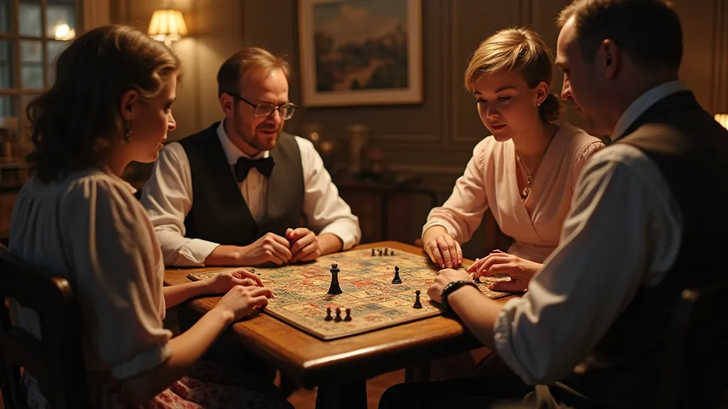 Family playing a vintage board game recreation